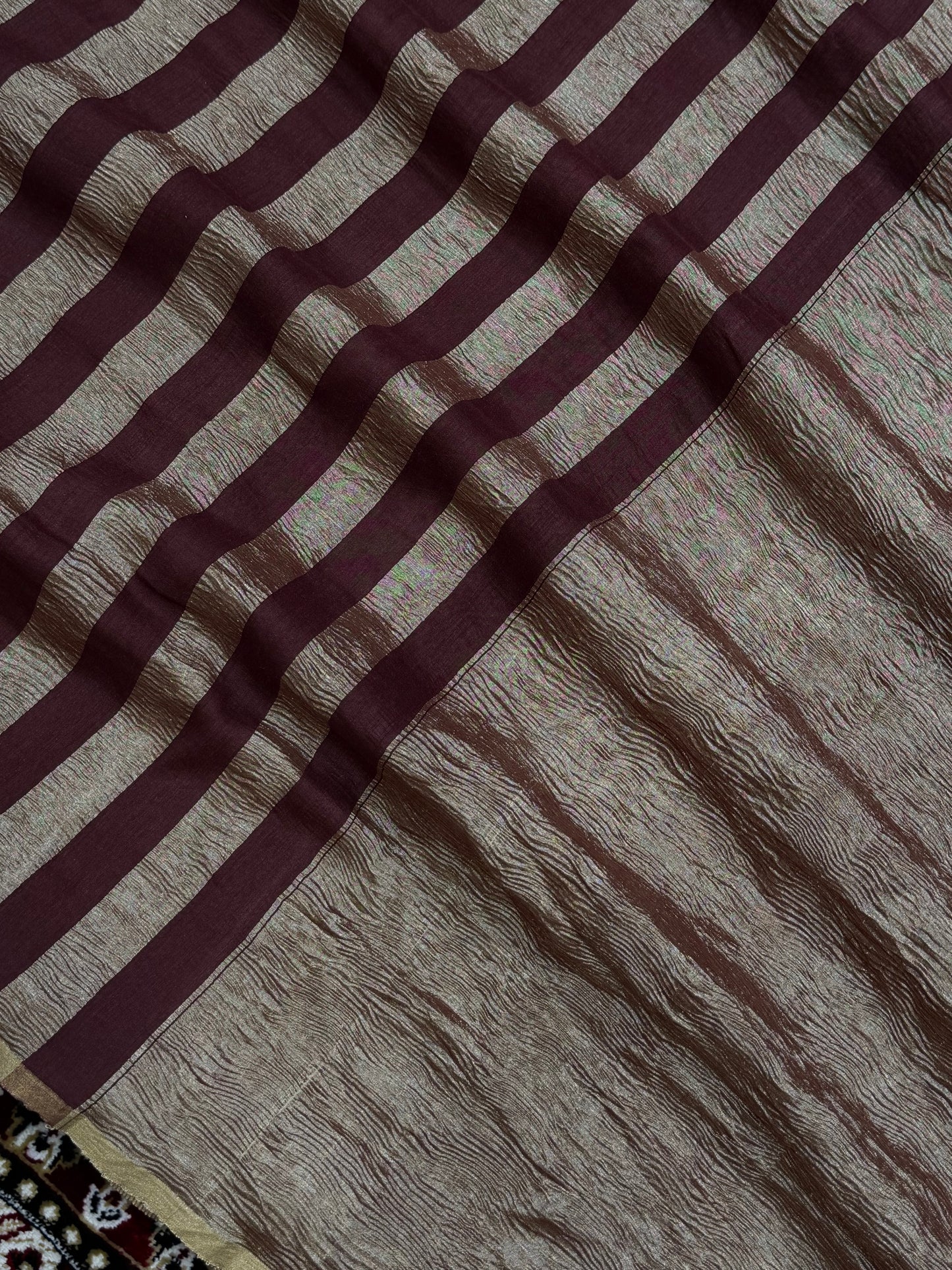 Dark Wine Color Chiniya Tissue  Silk Banarasi Saree with Stripe Design