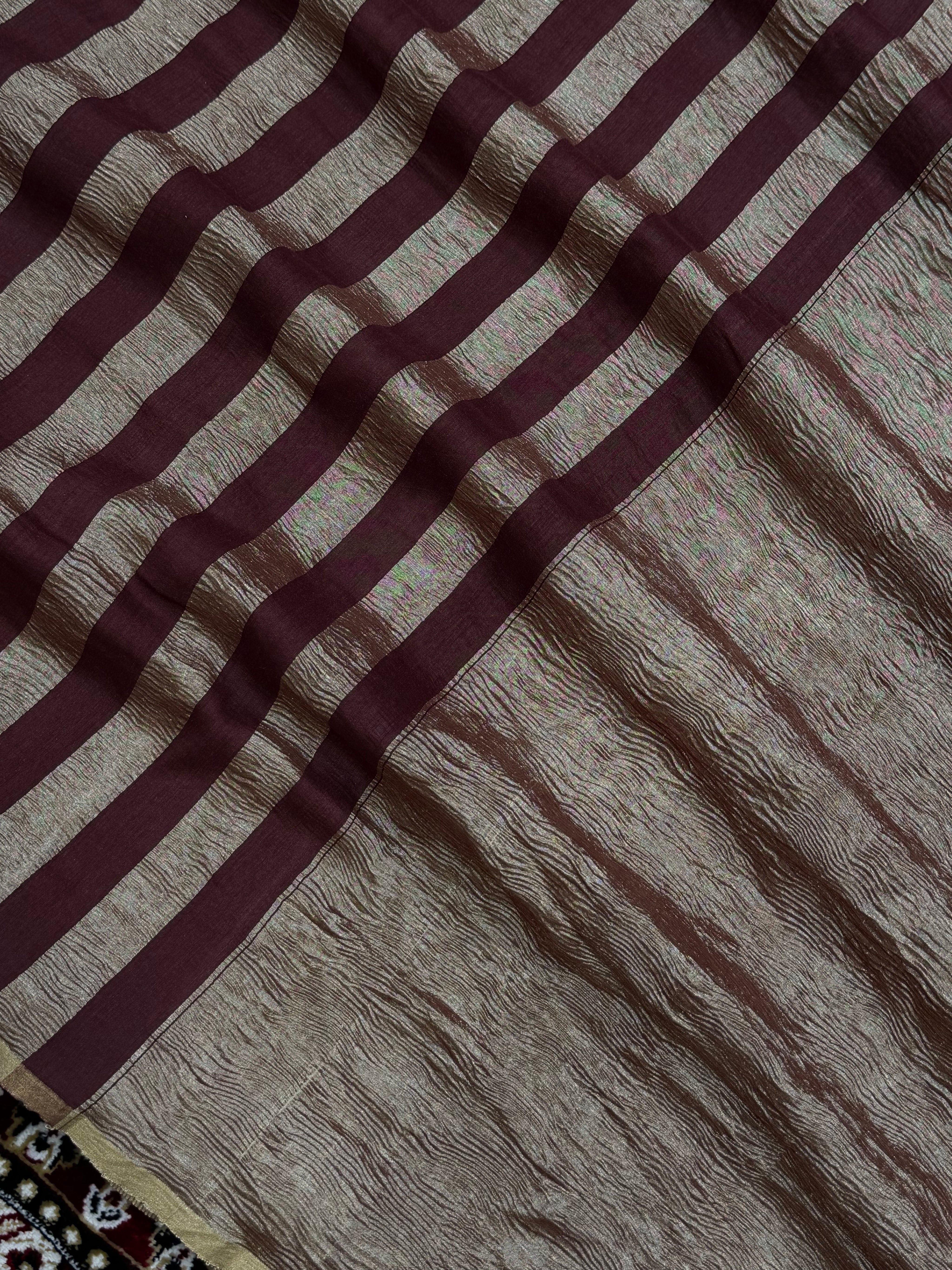 Dark Wine Color Chiniya Tissue  Silk Banarasi Saree with Stripe Design