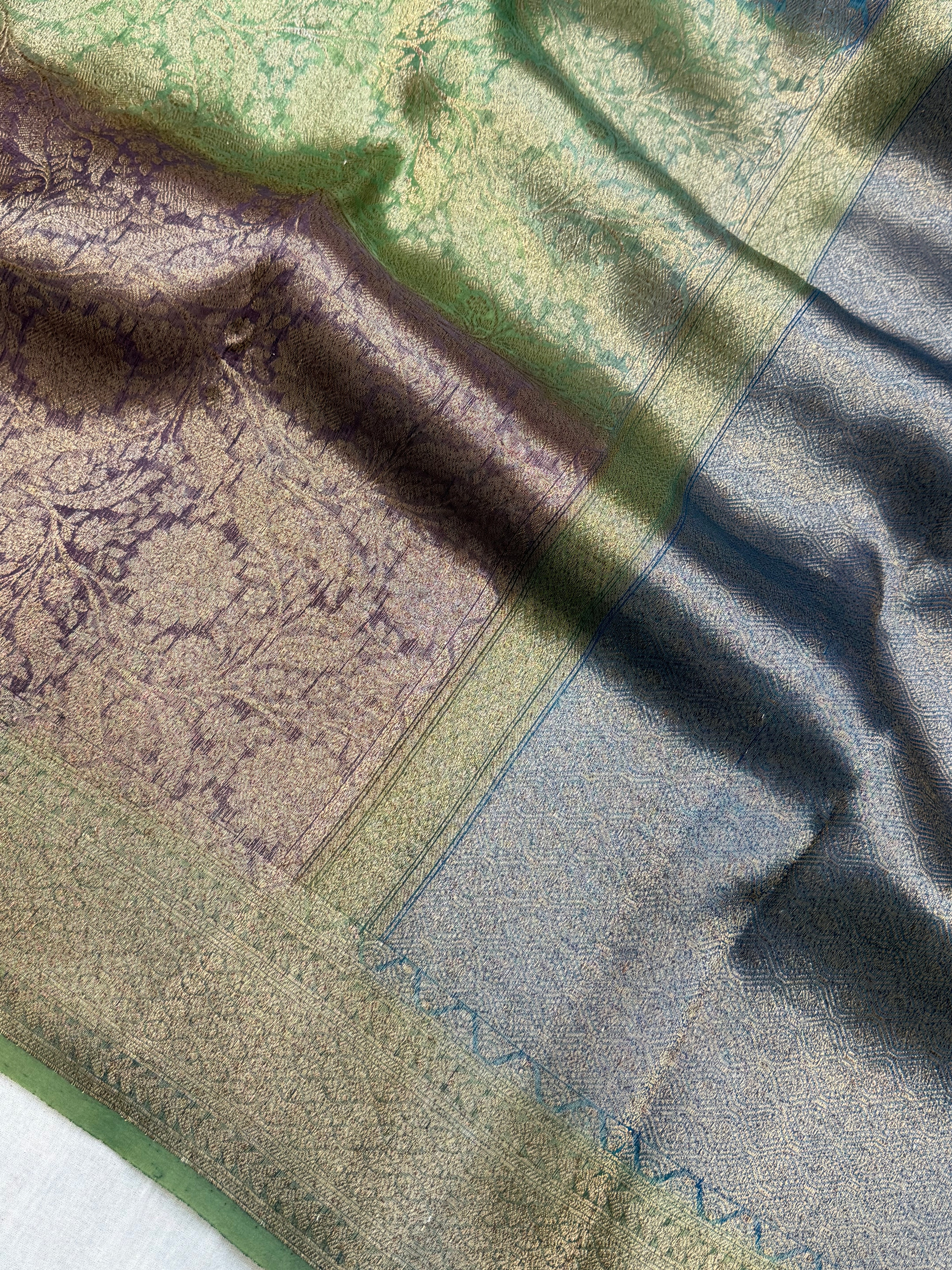 Dual Color Pure Kora Silk Handloom Banarasi Saree - All Over Brocade Jaal Work