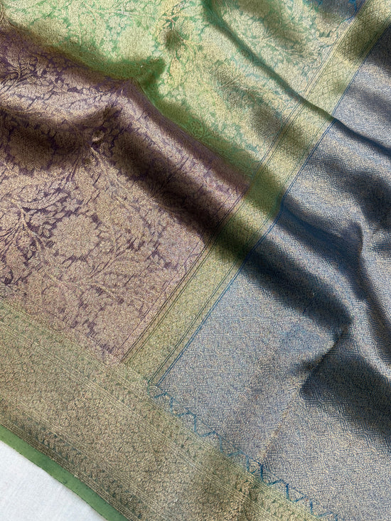Dual Color Pure Kora Silk Handloom Banarasi Saree - All Over Brocade Jaal Work