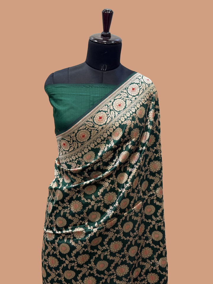 Bottle Green Pure Silk Handloom Banarasi Saree - All Over Jaal Work with Meenakari
