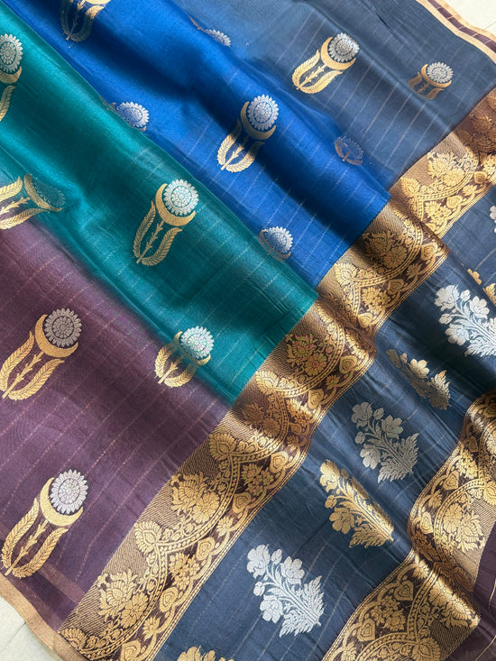 Multi Color Pure Kora Silk Handloom Banarasi Saree - All Over Buta Jaal Work