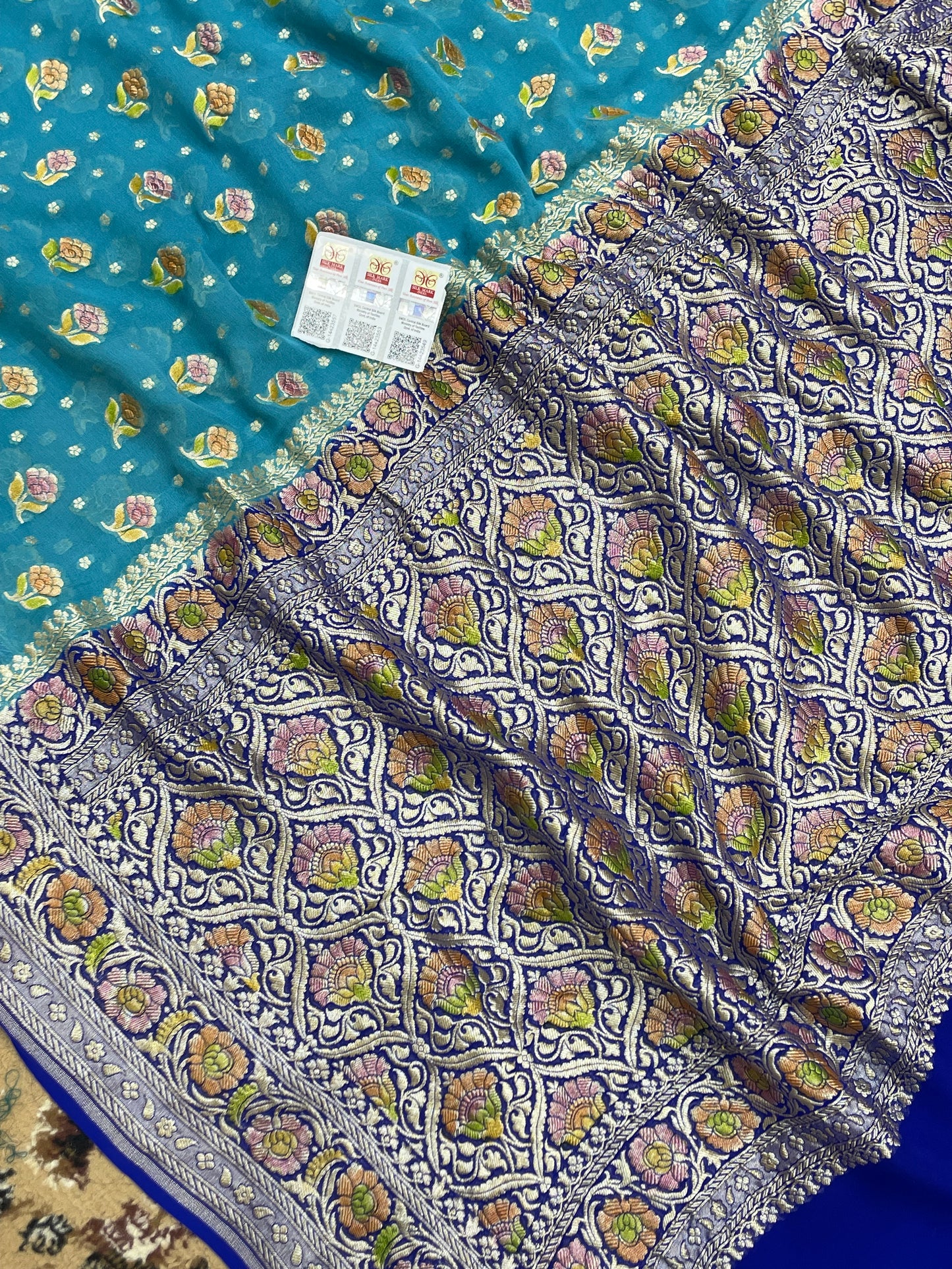 aqua Blue Color Khaddi Georgette Banarasi Saree - All Over Zari Buti Work with Meenakaria