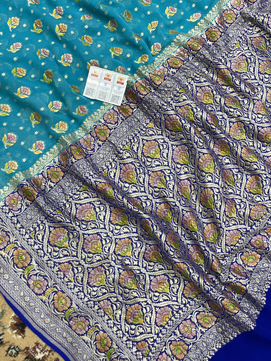 aqua Blue Color Khaddi Georgette Banarasi Saree - All Over Zari Buti Work with Meenakaria
