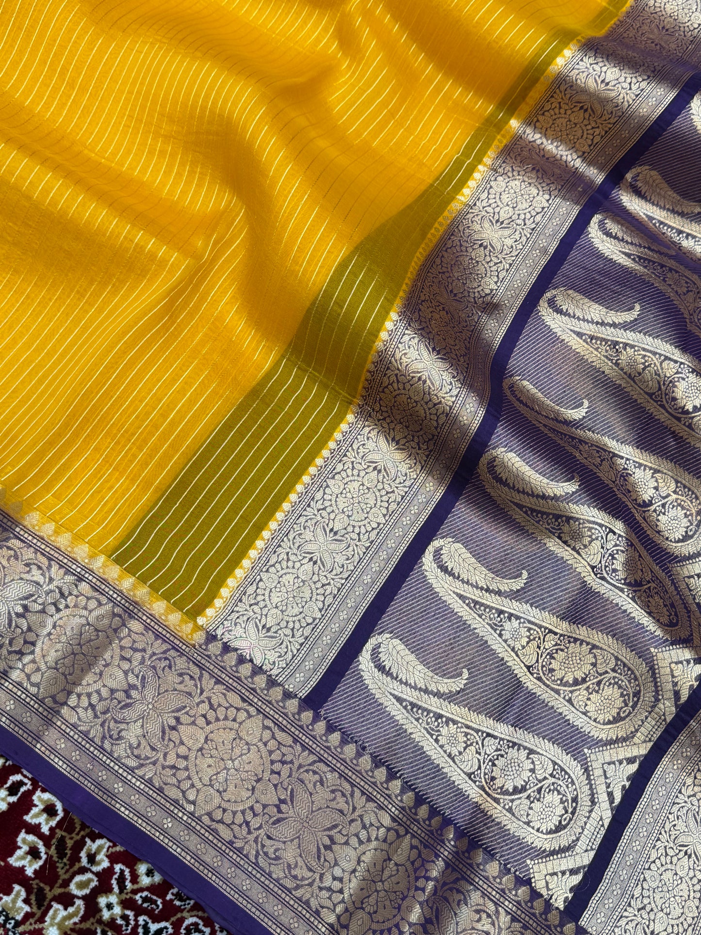 Yellow Color Pure Organza Handloom Banarasi Saree - All Over Stripe Design