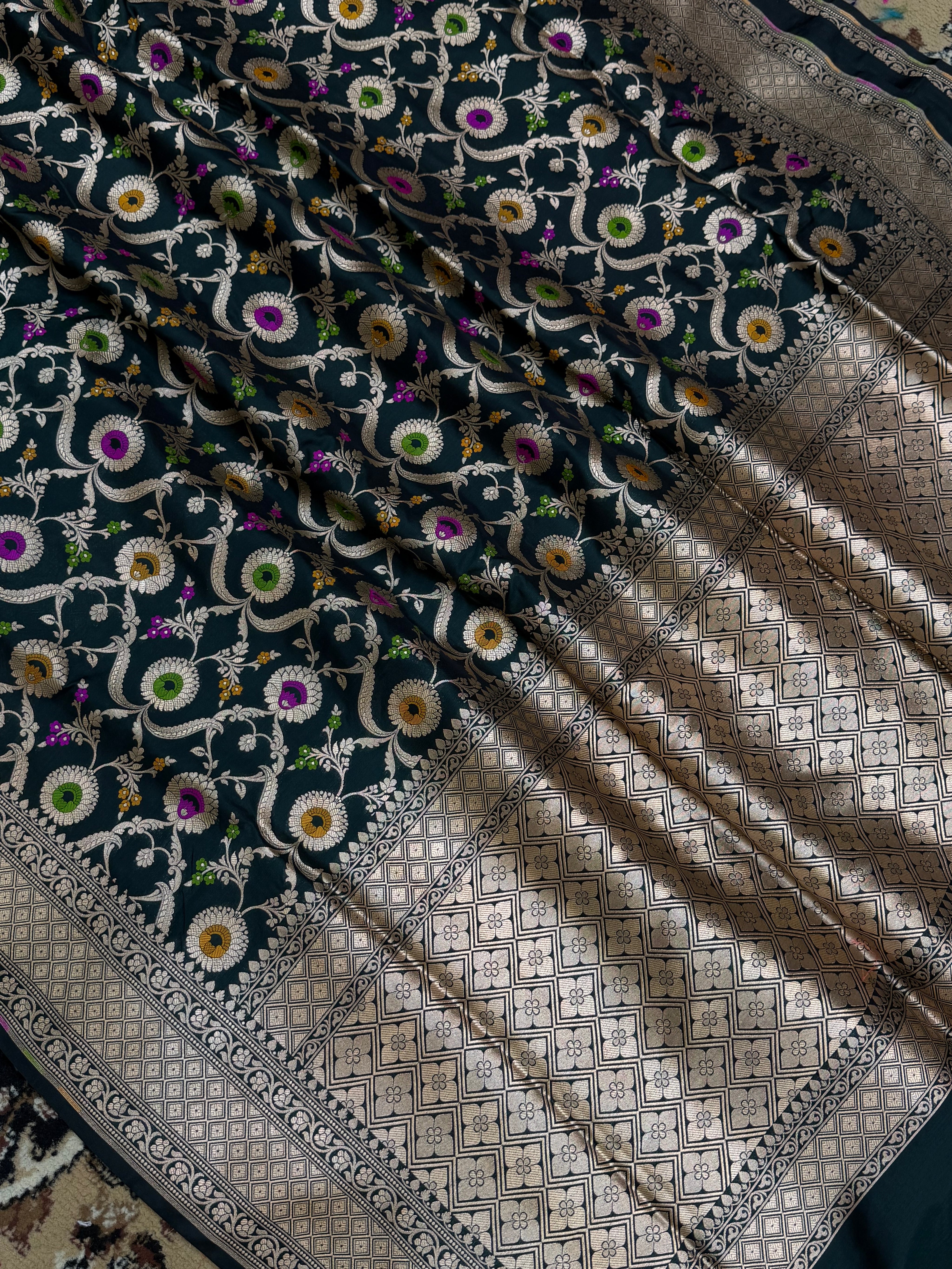 Bottle Green Color Pure Silk handloom Banarasi Saree - All Over Jaal Work with Meenakari