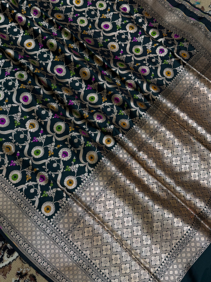 Bottle Green Color Pure Silk handloom Banarasi Saree - All Over Jaal Work with Meenakari