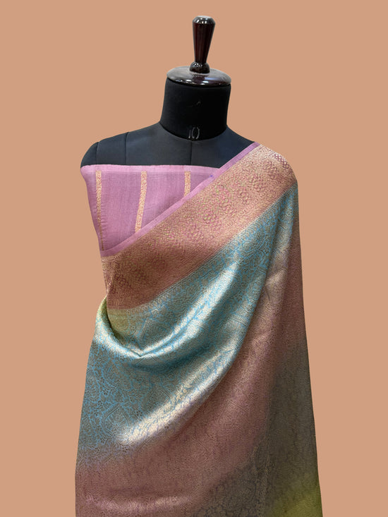 Multi Color Pure Kora Silk Handloom Banarasi Saree - All Over Brocade Jaal Work