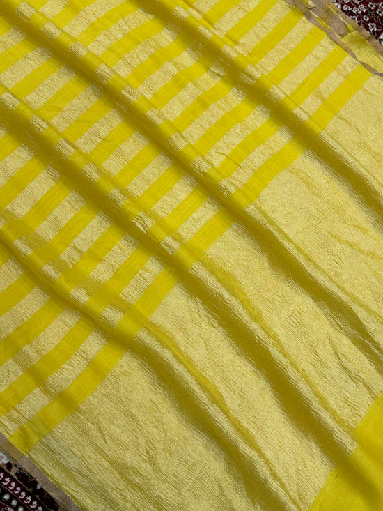 Yellow Color Chiniya Tissue  Silk Banarasi Saree with Stripe Design