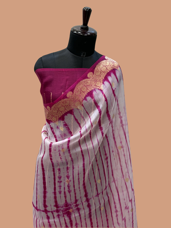 Rani Pink Color Pure Organza Handloom Banarasi Saree with Japanese Shibori Dye