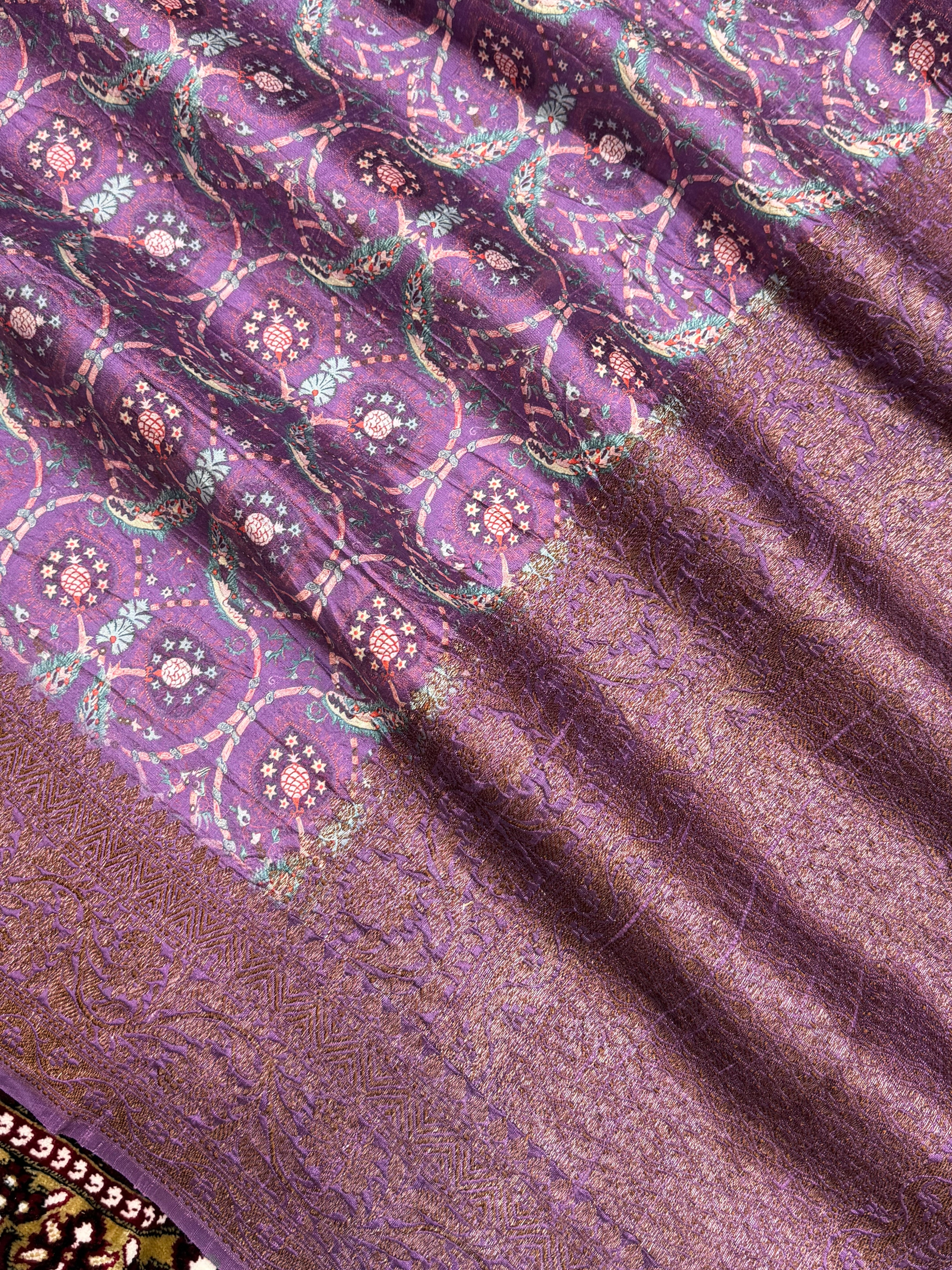 Dark Lovendor Color Pure Raw Silk Handloom Banarasi Saree with Digital Print
