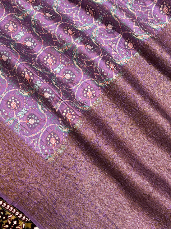 Dark Lovendor Color Pure Raw Silk Handloom Banarasi Saree with Digital Print