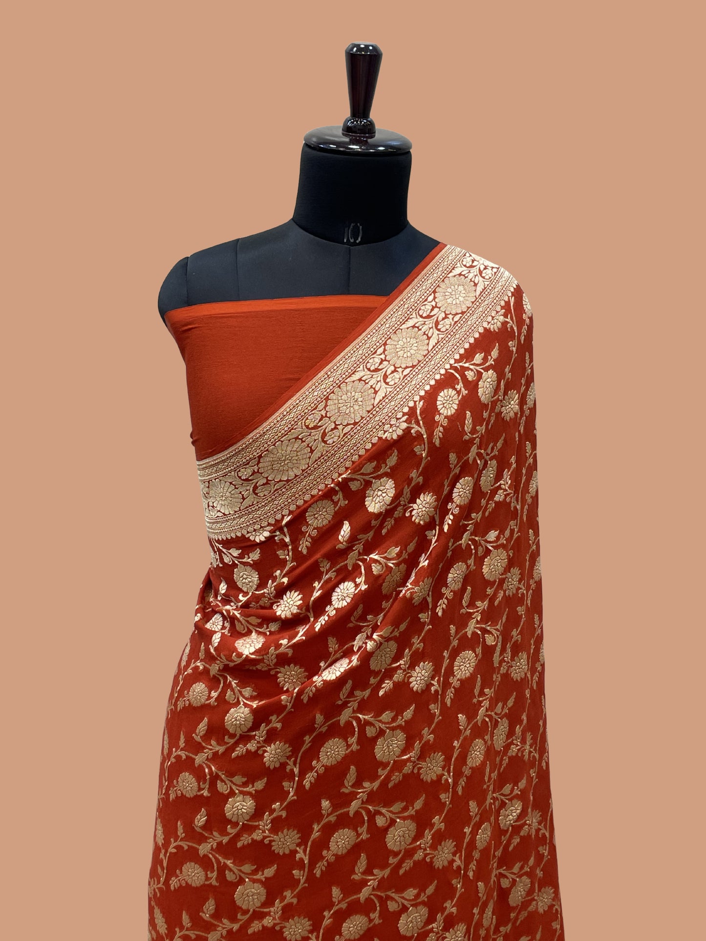 Rust Color Khaddi Georgette banarasi saree - all Over jaal work with Water zari