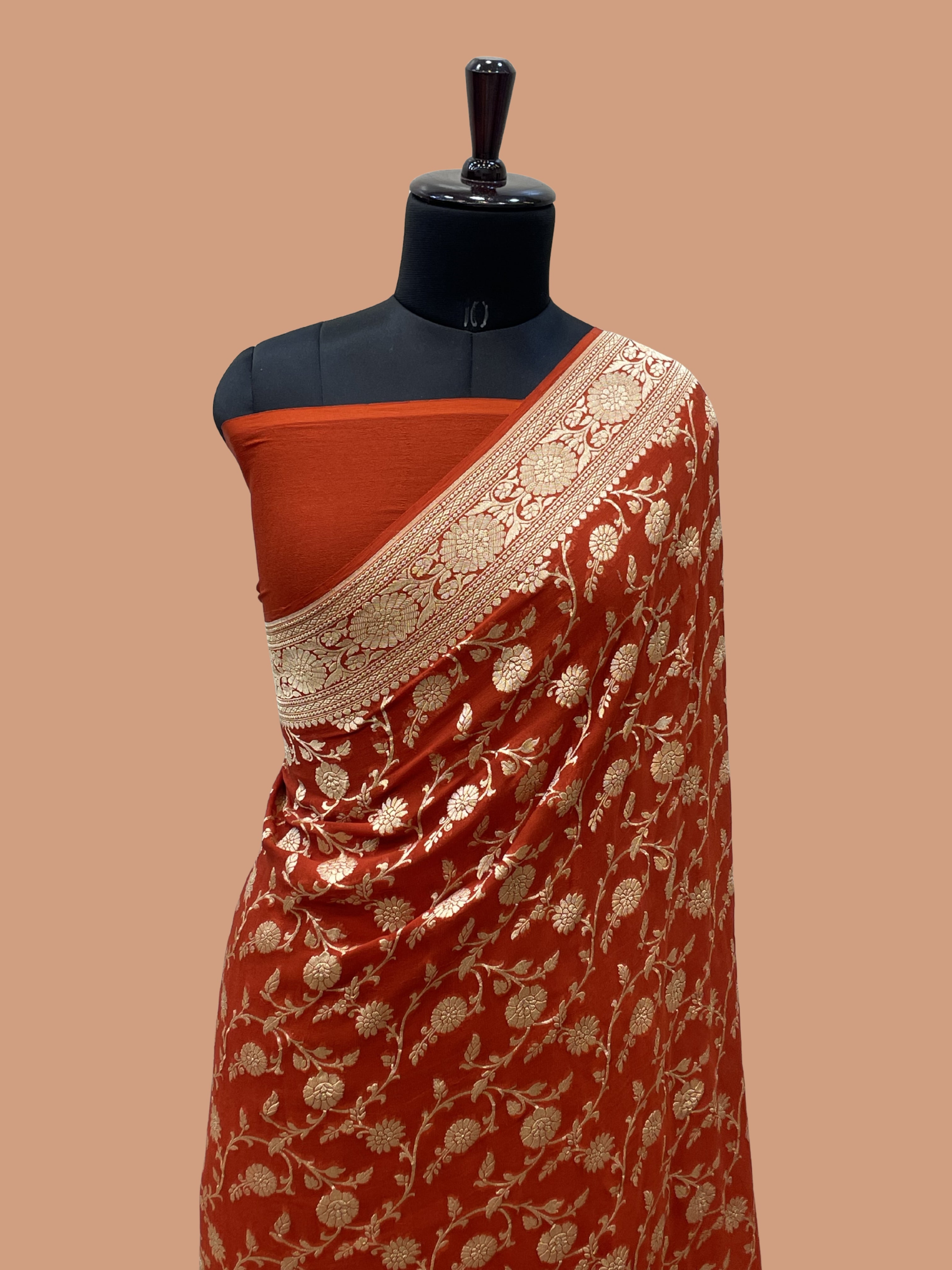 Rust Color Khaddi Georgette banarasi saree - all Over jaal work with Water zari
