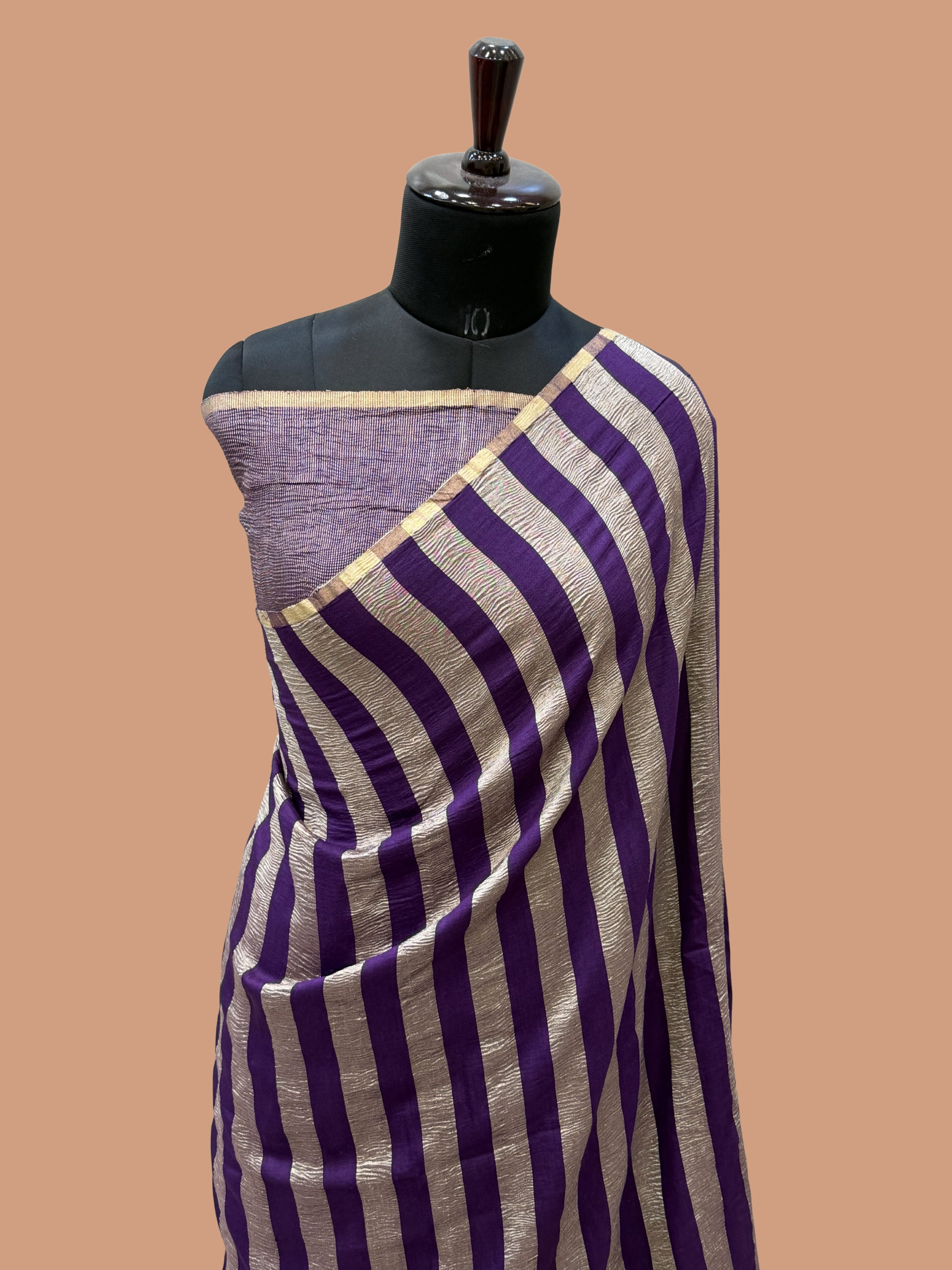 Purple Color Chiniya Tissue  Silk Banarasi Saree with Stripe Design