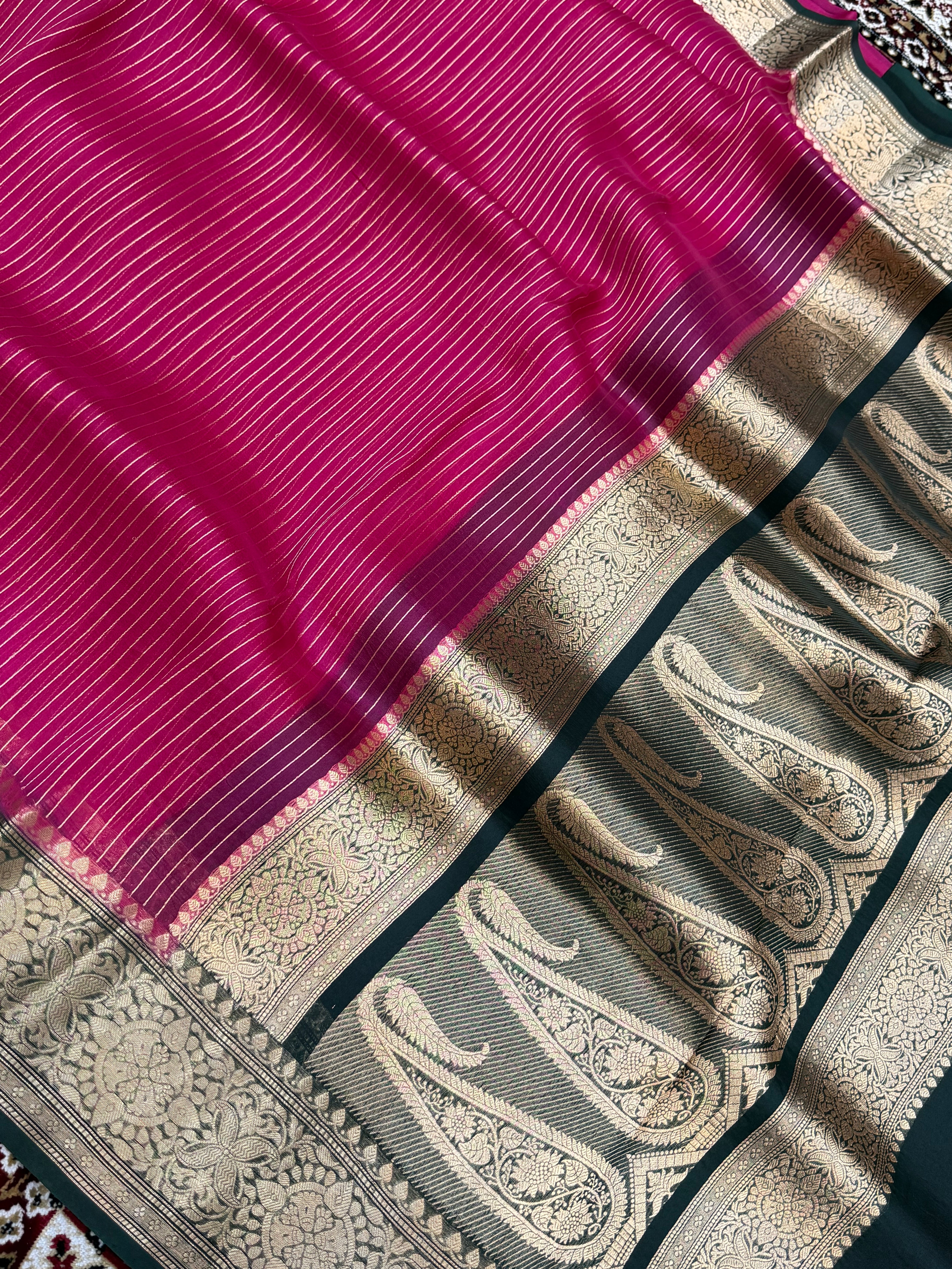 Rani Color Pure Organza Handloom Banarasi Saree - All Over Stripe Design