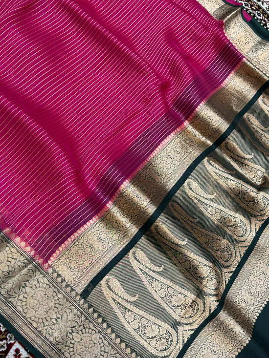 Rani Color Pure Organza Handloom Banarasi Saree - All Over Stripe Design