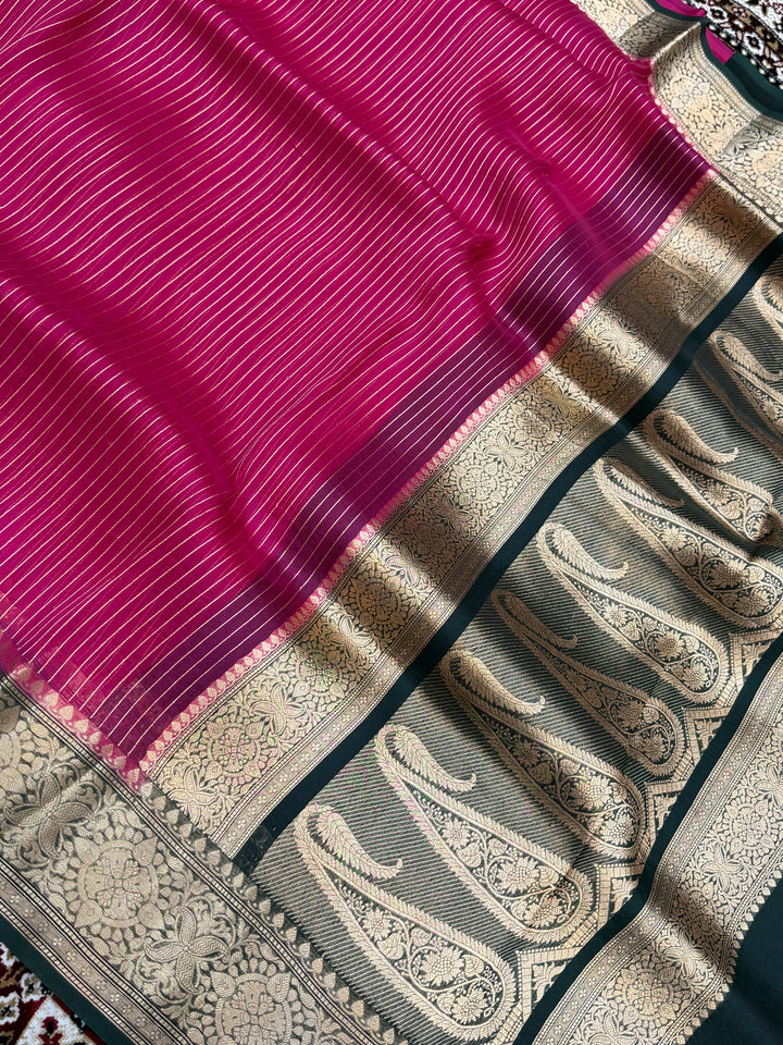 Rani Color Pure Organza Handloom Banarasi Saree - All Over Stripe Design