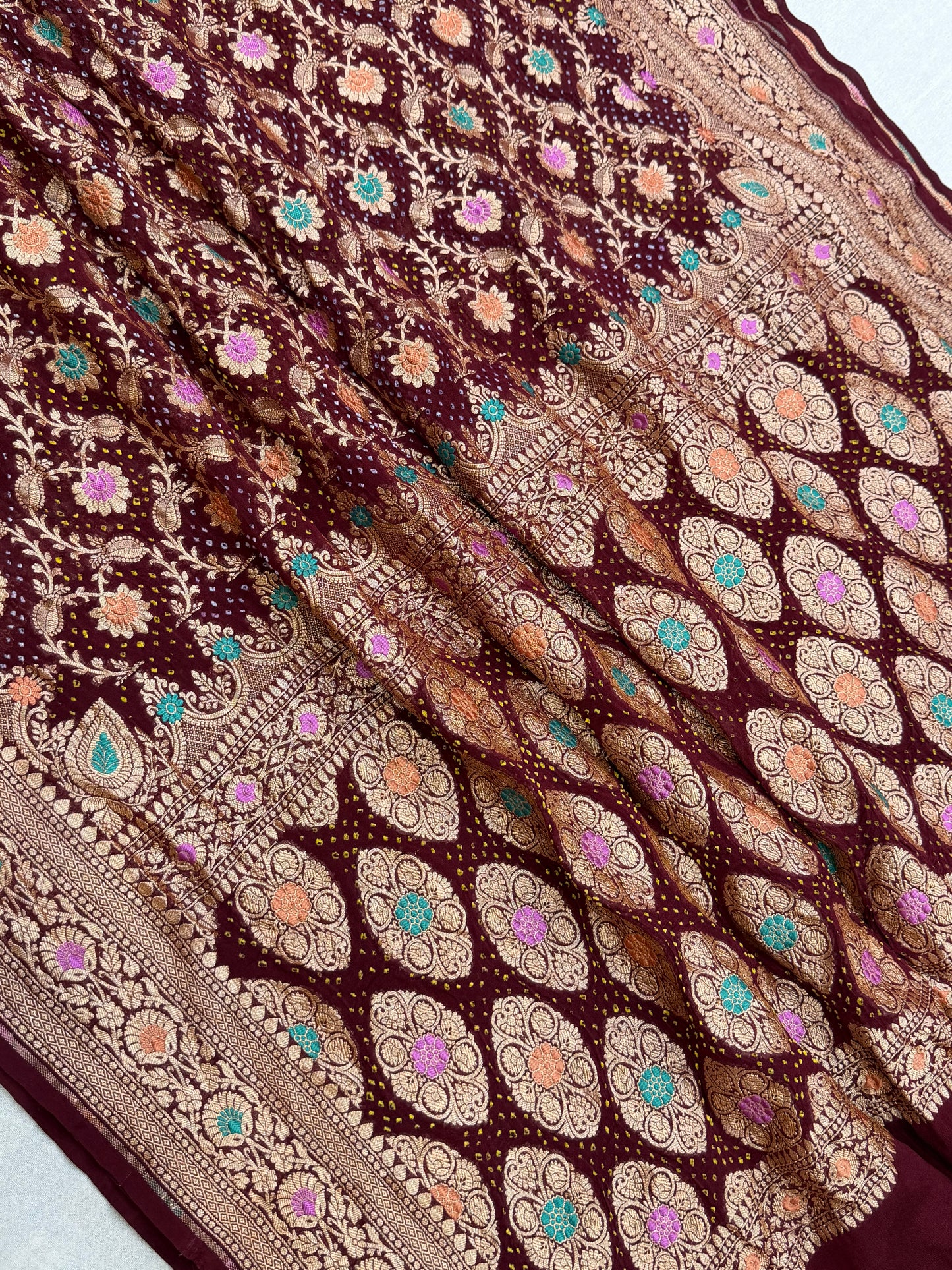 Pure Georgette Banarasi Bandhej Handloom Saree - Meenakari