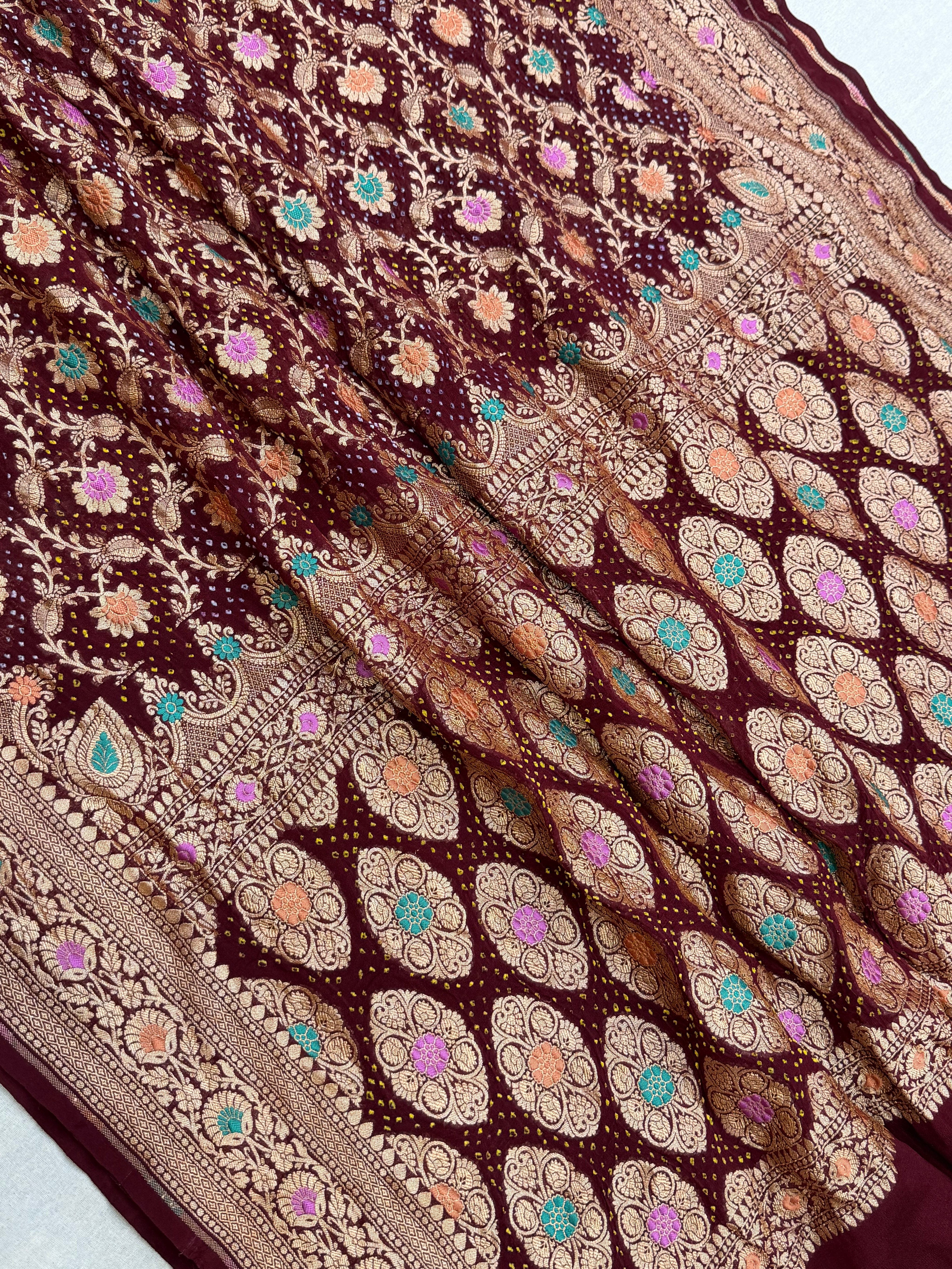 Pure Georgette Banarasi Bandhej Handloom Saree - Meenakari