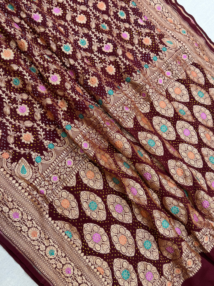 Pure Georgette Banarasi Bandhej Handloom Saree - Meenakari