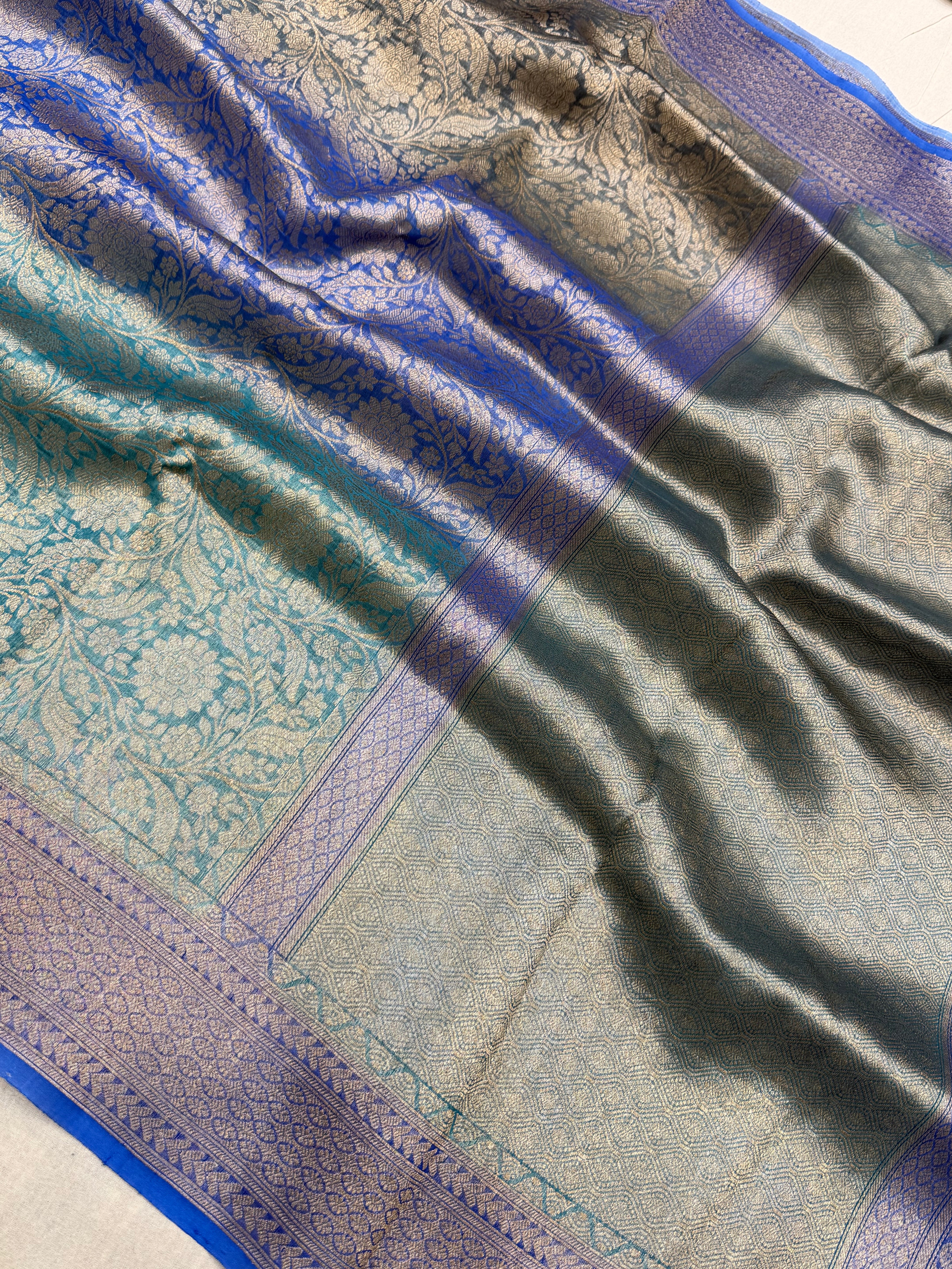Multi Color Pure Kora Silk Handloom Banarasi Saree - All Over Brocade Jaal Work