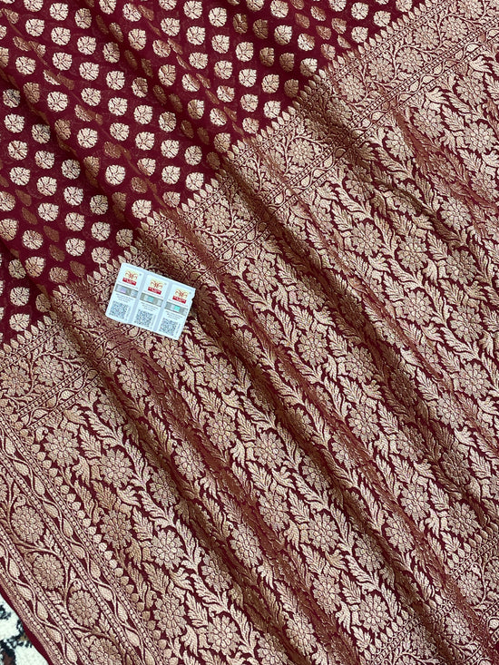 Wine Color Khaddi Georgette Banarasi Saree - All over Antique Zari Buti