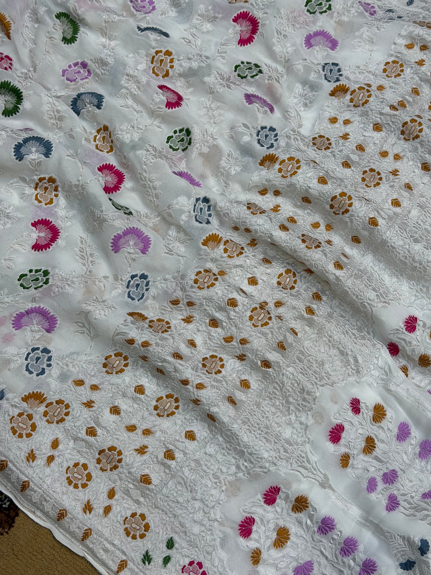 White Color Khaddi Georgette Banarasi Saree - All Over Jaal Work with Tilfi Meenakari