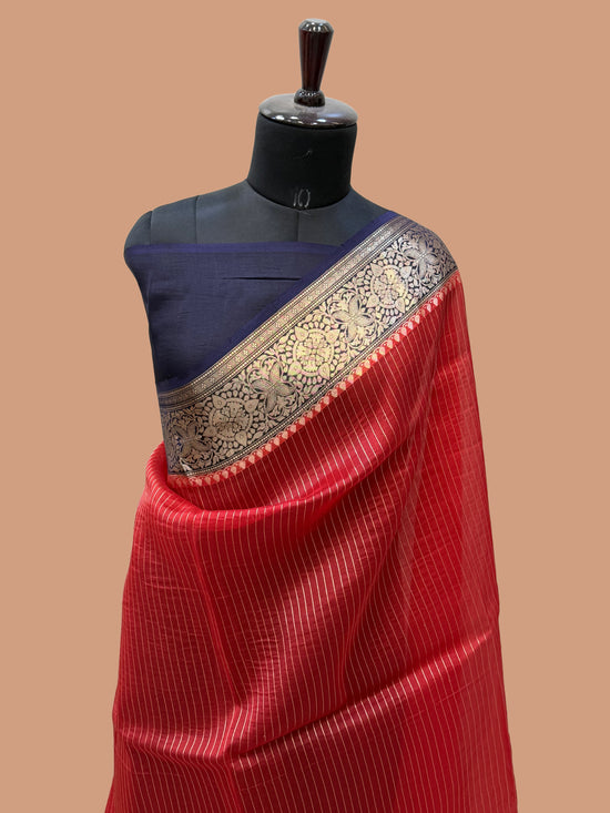 Red Color Pure Organza Handloom Banarasi Saree - All Over Stripe Design