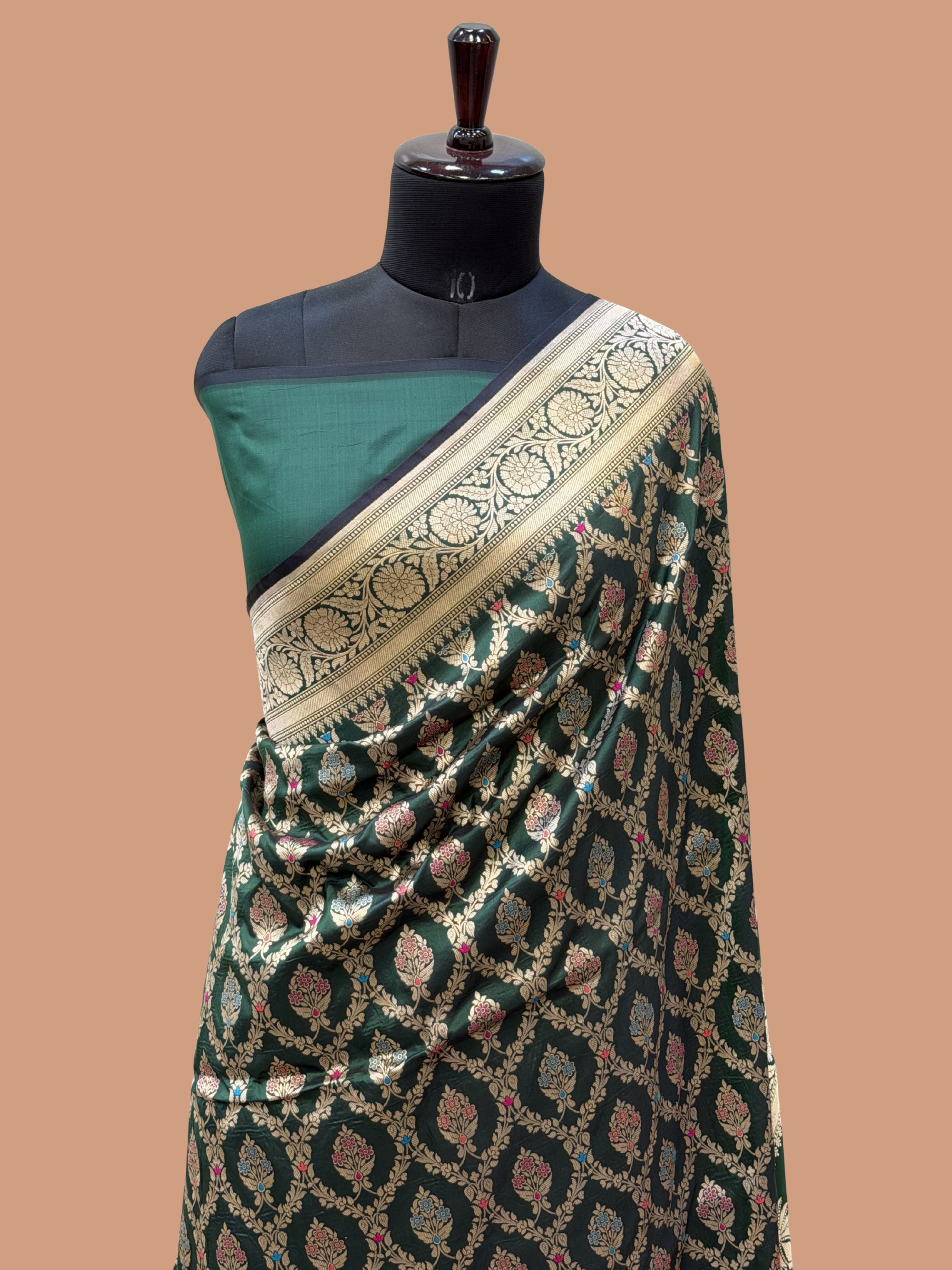 Bottle Green Pure Silk Handloom Banarasi Saree - All Over Tilfi Meenakari