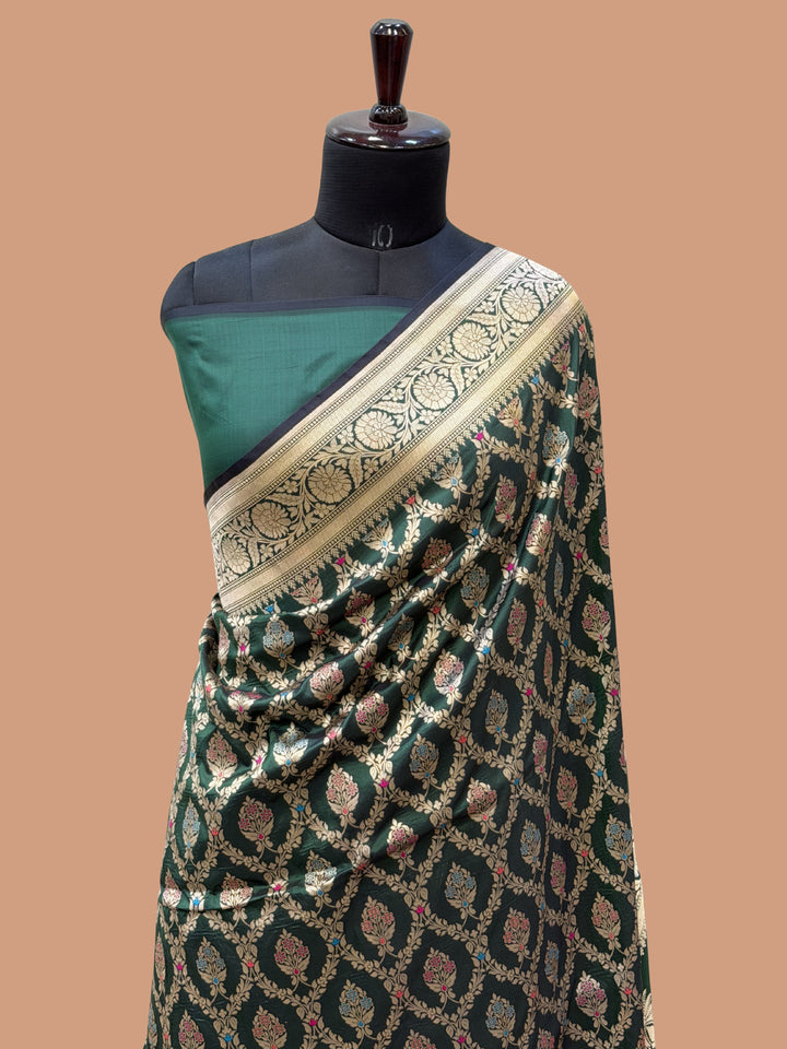 Bottle Green Pure Silk Handloom Banarasi Saree - All Over Tilfi Meenakari