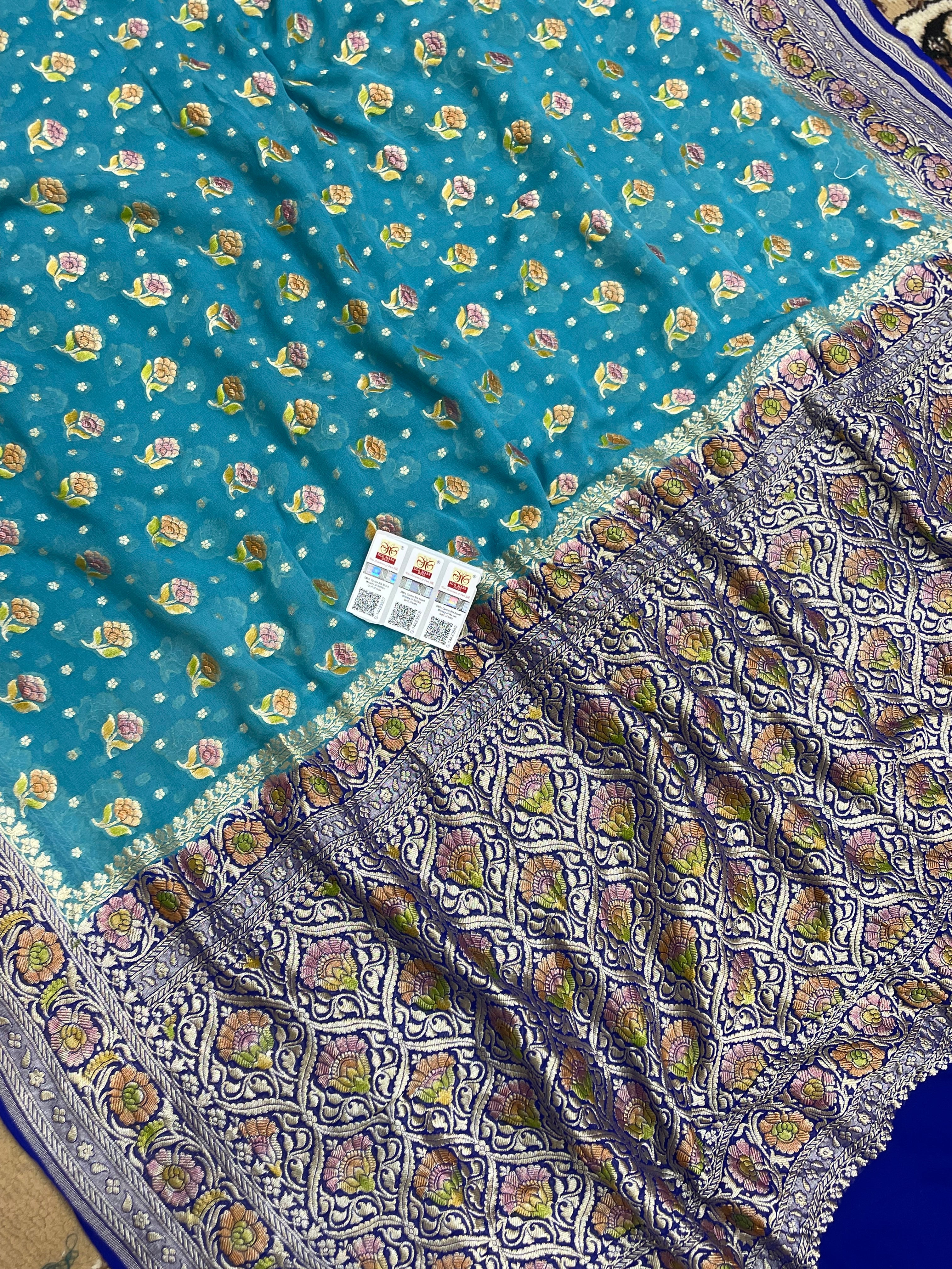 aqua Blue Color Khaddi Georgette Banarasi Saree - All Over Zari Buti Work with Meenakaria