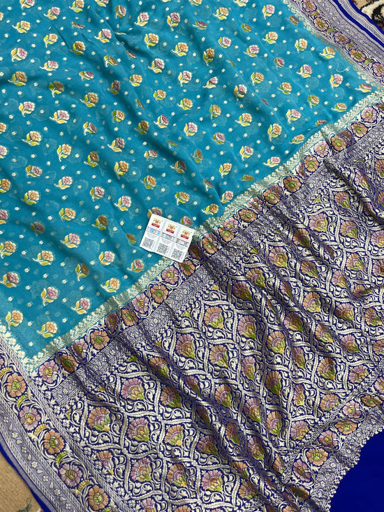 aqua Blue Color Khaddi Georgette Banarasi Saree - All Over Zari Buti Work with Meenakaria