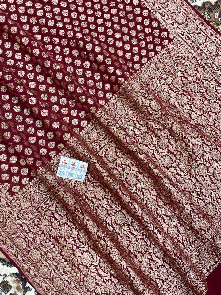 Wine Color Khaddi Georgette Banarasi Saree - All over Antique Zari Buti