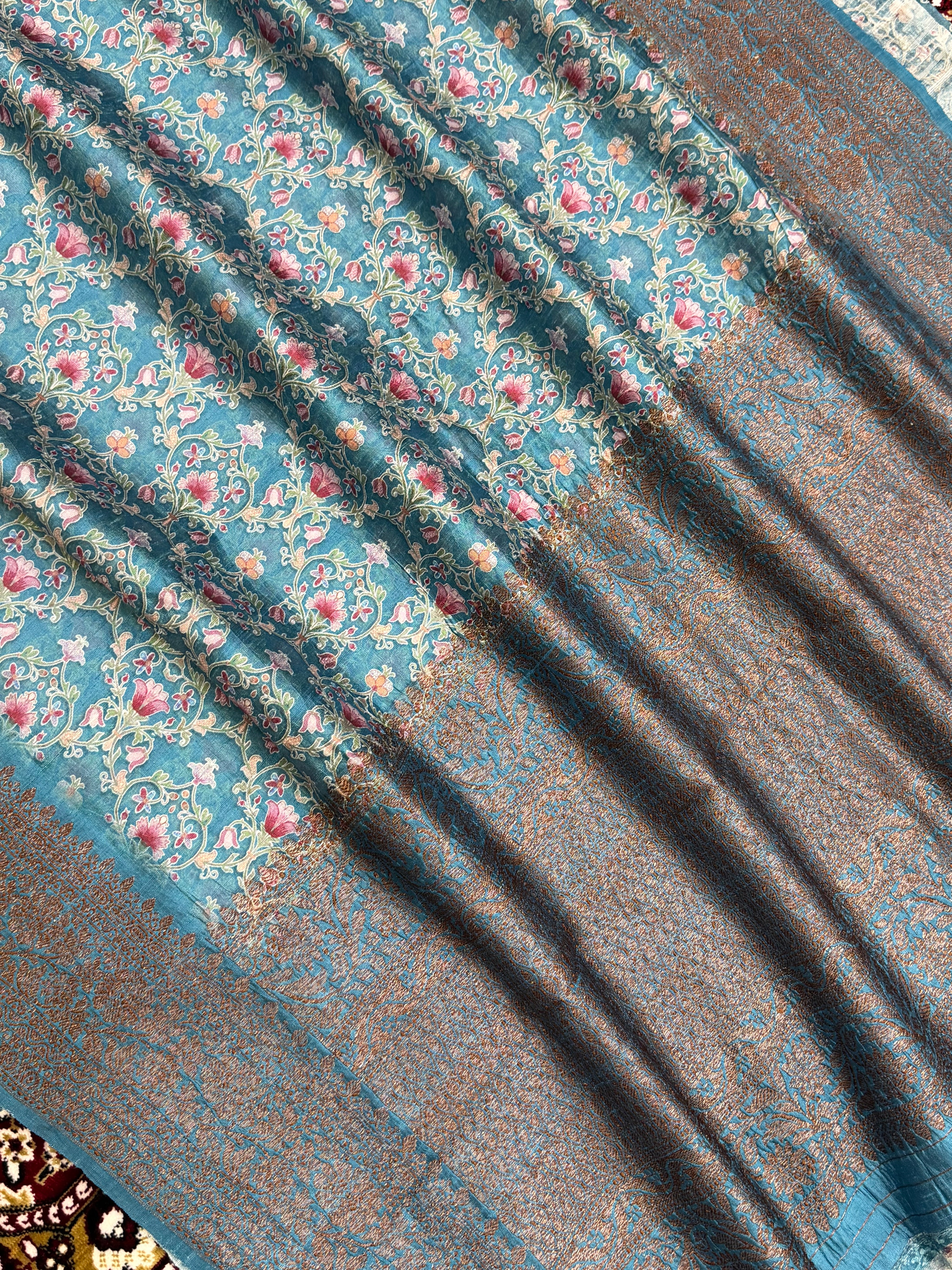 Aqua Blue Color Pure Raw Silk Handloom Banarasi Saree with Digital Print