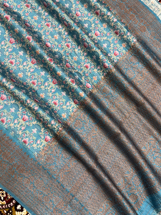 Aqua Blue Color Pure Raw Silk Handloom Banarasi Saree with Digital Print