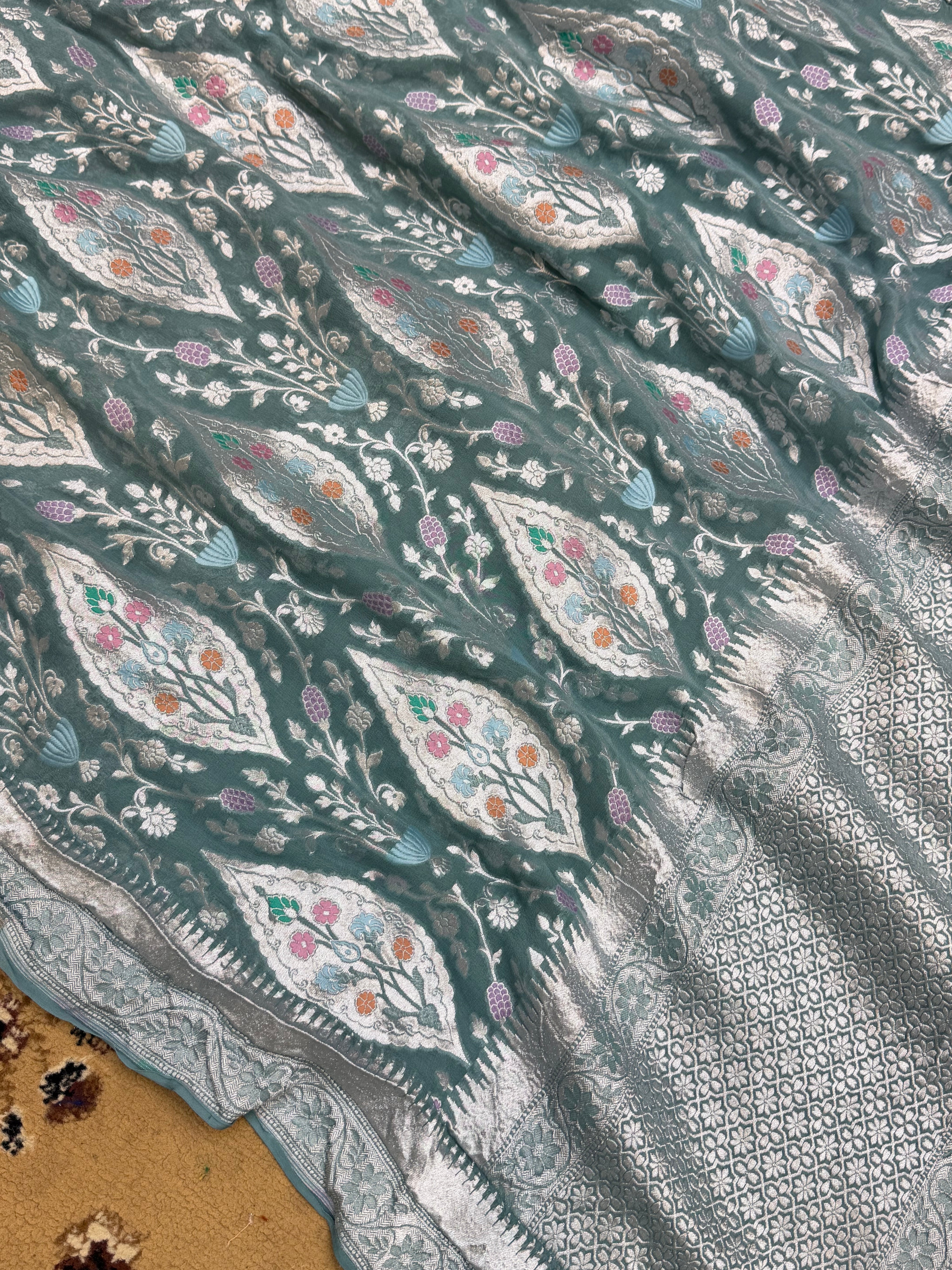 Grey Color Khaddi Georgette Banarasi Saree - All Silver Zari Work with Tilfi Meenakari