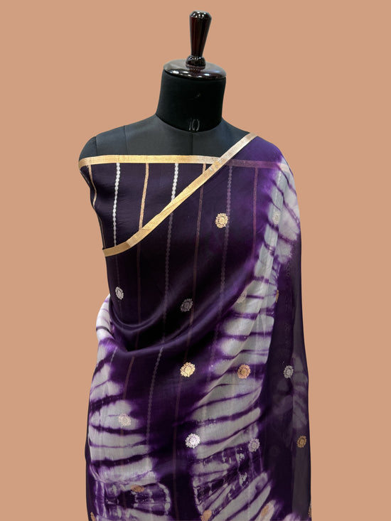 Dark Purple Color Pure Organza Handloom Banarasi Saree with Japanese Shibori Dye