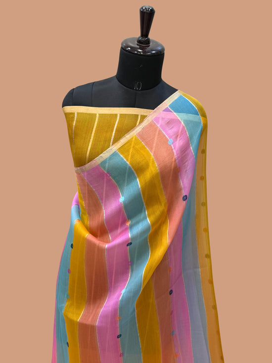 Multi Color Pure Kora Silk Handloom Banarasi Saree - All Over Buti Jaal Work