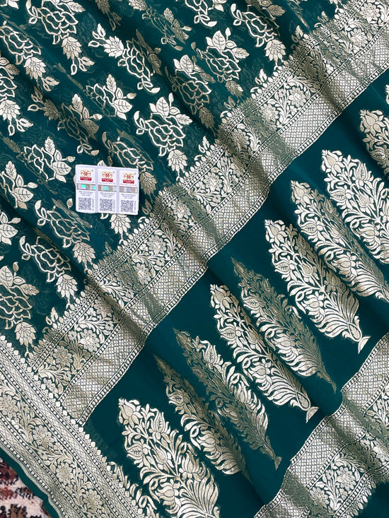 Green Color Khaddi georgette Banarasi saree - All Over Water Zari work