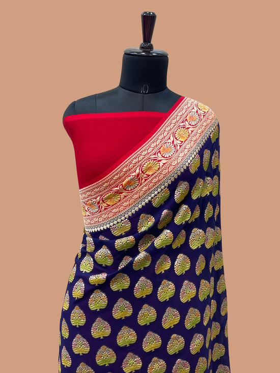 Navy Blue Khaddi Georgette Banarasi Saree - All Over Jaal Work with Meenakari