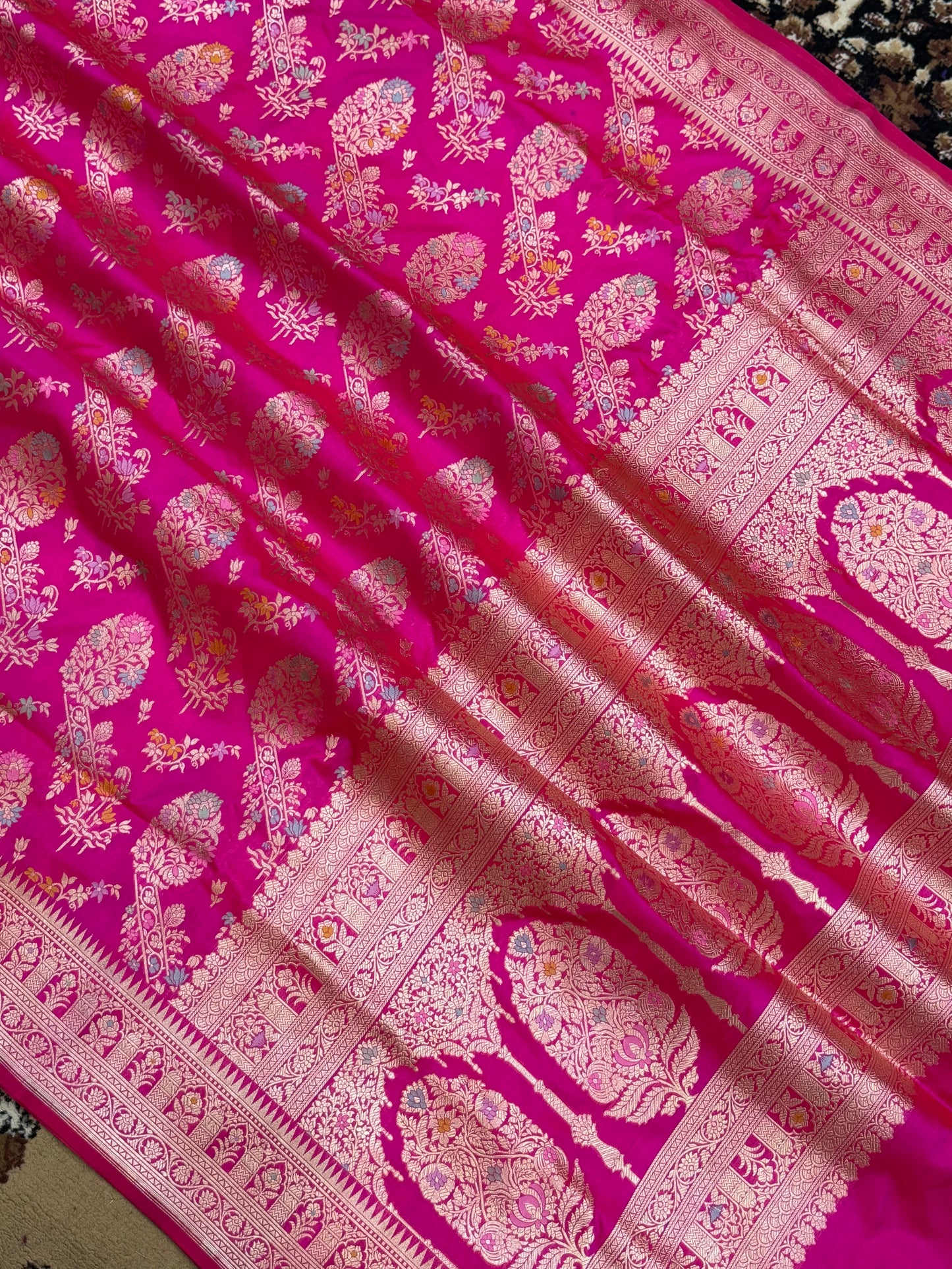 Rani Color Pure Silk Handloom Banarasi Saree - All Over Jaal Work with Meenakari