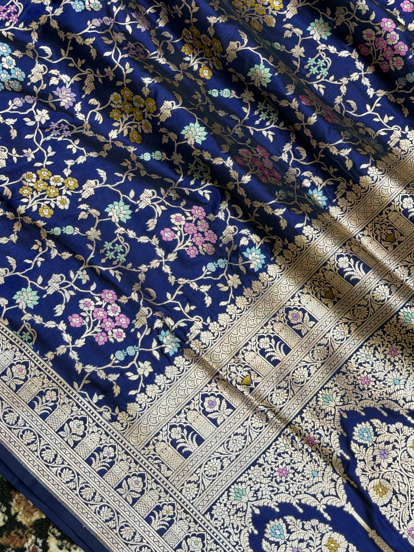 Navy Blue Color Pure Silk Handloom Banarasi Saree - All Over Jaal Work with Meenakari