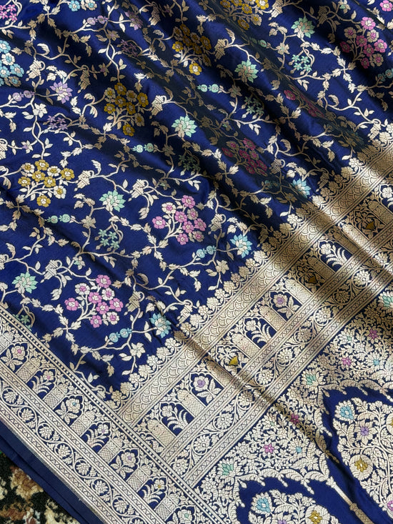 Navy Blue Color Pure Silk Handloom Banarasi Saree - All Over Jaal Work with Meenakari