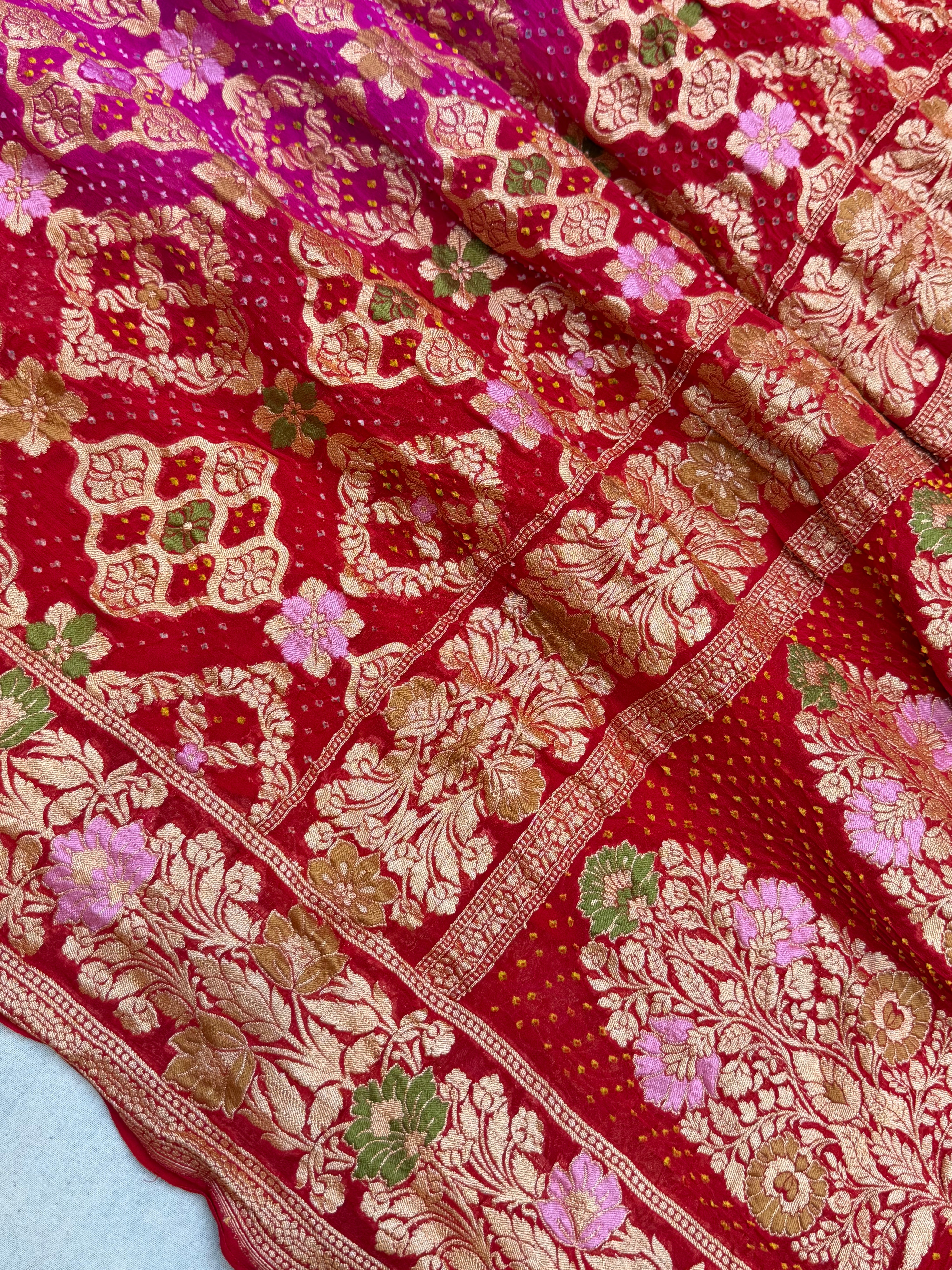 Pure Georgette Banarasi Bandhej Handloom Saree - Meenakari