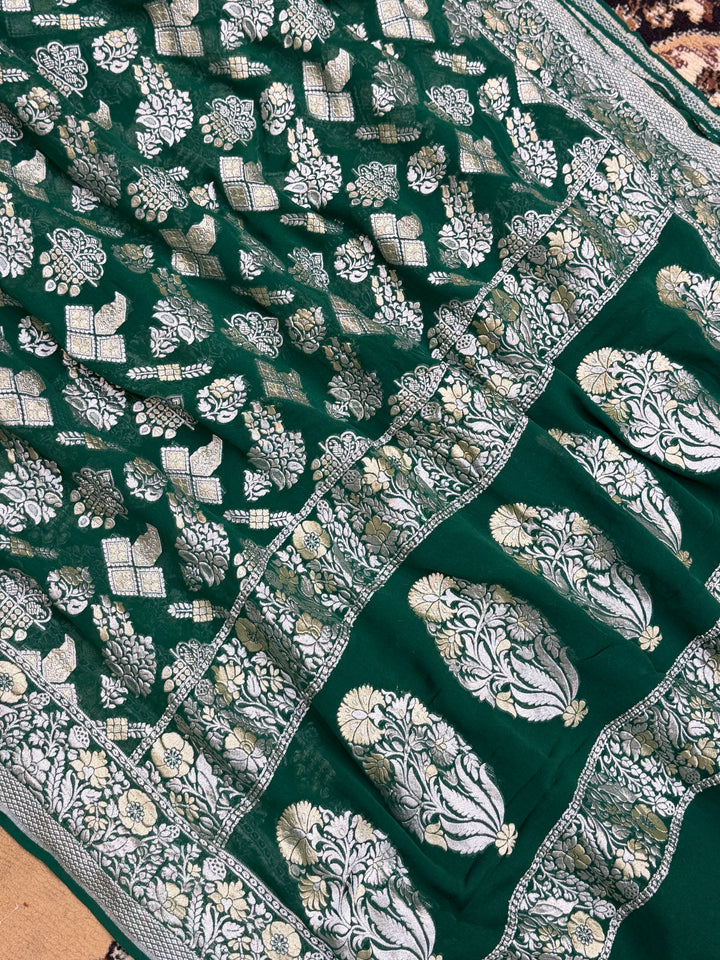 Green Color Khaddi Georgette Banarasi Saree - All Over Silver Jari Work