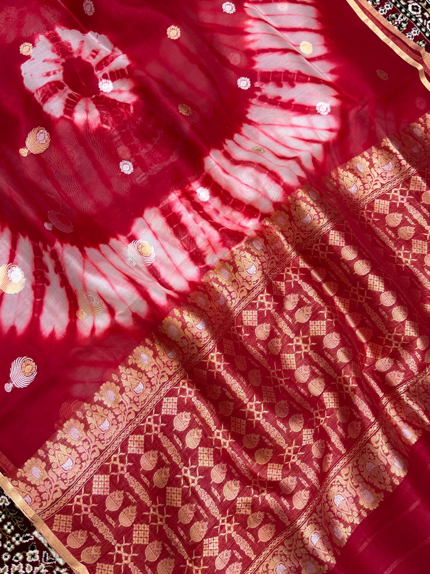 Red Color Pure Organza Handloom Banarasi Saree with Japanese Shibori Dye