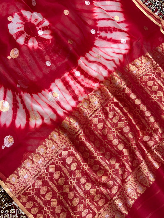 Red Color Pure Organza Handloom Banarasi Saree with Japanese Shibori Dye