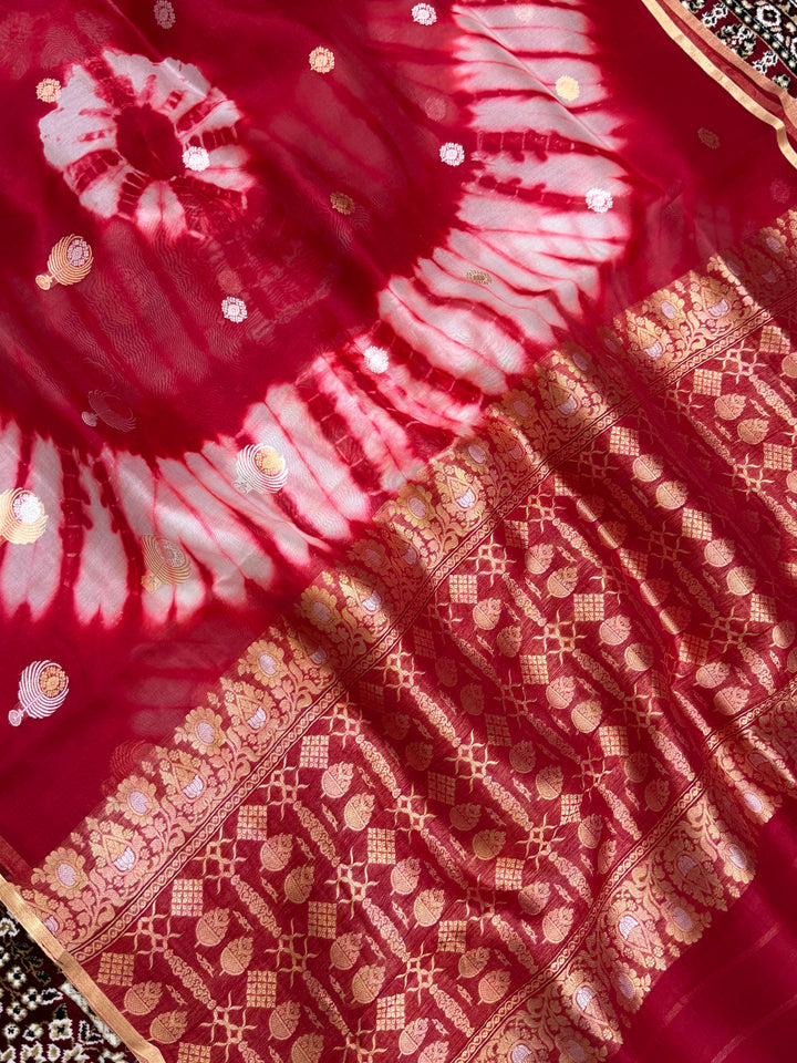 Red Color Pure Organza Handloom Banarasi Saree with Japanese Shibori Dye