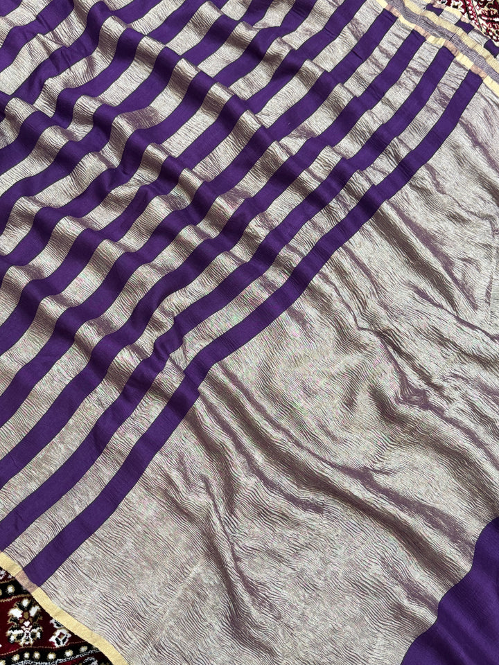 Purple Color Chiniya Tissue  Silk Banarasi Saree with Stripe Design